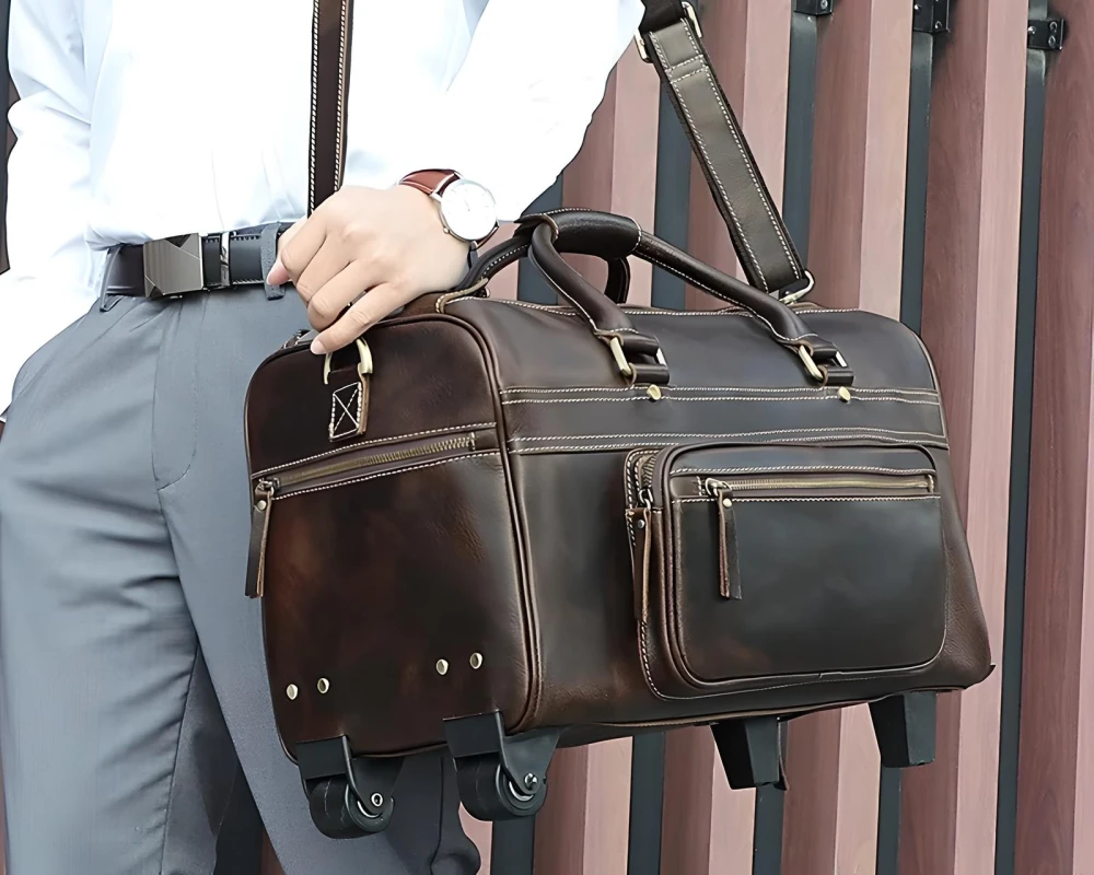 leather carry on duffel bag with wheels